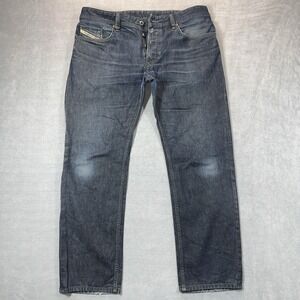 Diesel Jeans Men 36x30 Blue Waykee Regular Straight Leg Faded Knees 0088Z Hemmed